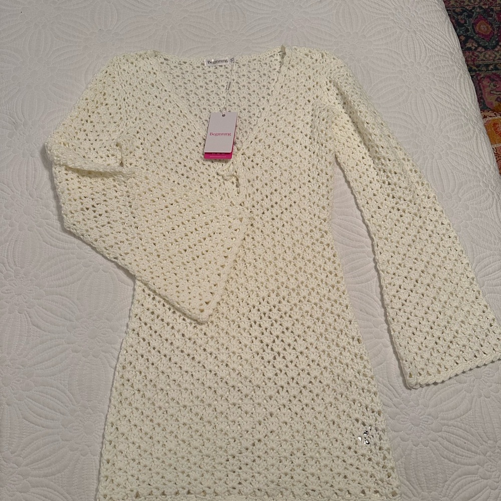 Beginning Boutique Cream Crochet Mini Dress